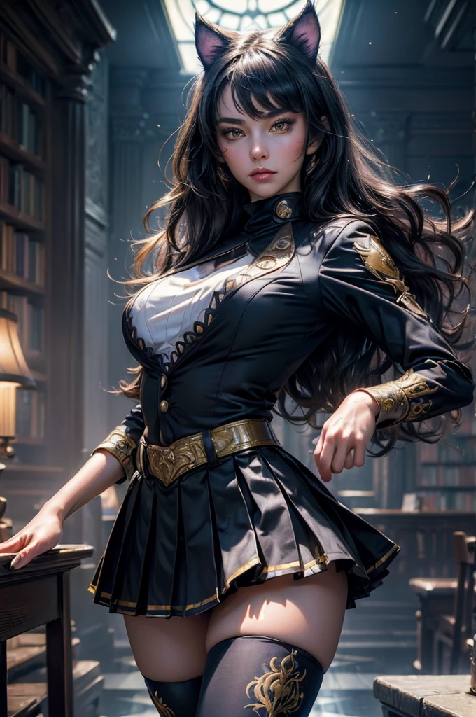 (masterpiece,stunning girlfriend, (standing:1.1), dynamic pose, heart shaped face, elegant face, beautiful face, highly detailed face, highly detailed skin, skin pores, subsurface scattering, realistic pupils, looking at viewer, full lips, detailed background, depth of field, atmospheric perspective, volumetric lighting, sharp focus, absurdres, realistic proportions, good anatomy, (realistic, hyperrealistic:1.4), 16k hdr, (masterpiece, best quality), intricate details, 1girl, blake_belladonna, gmuniform, pleated skirt, blue thighhighs, black and gold uniform, library