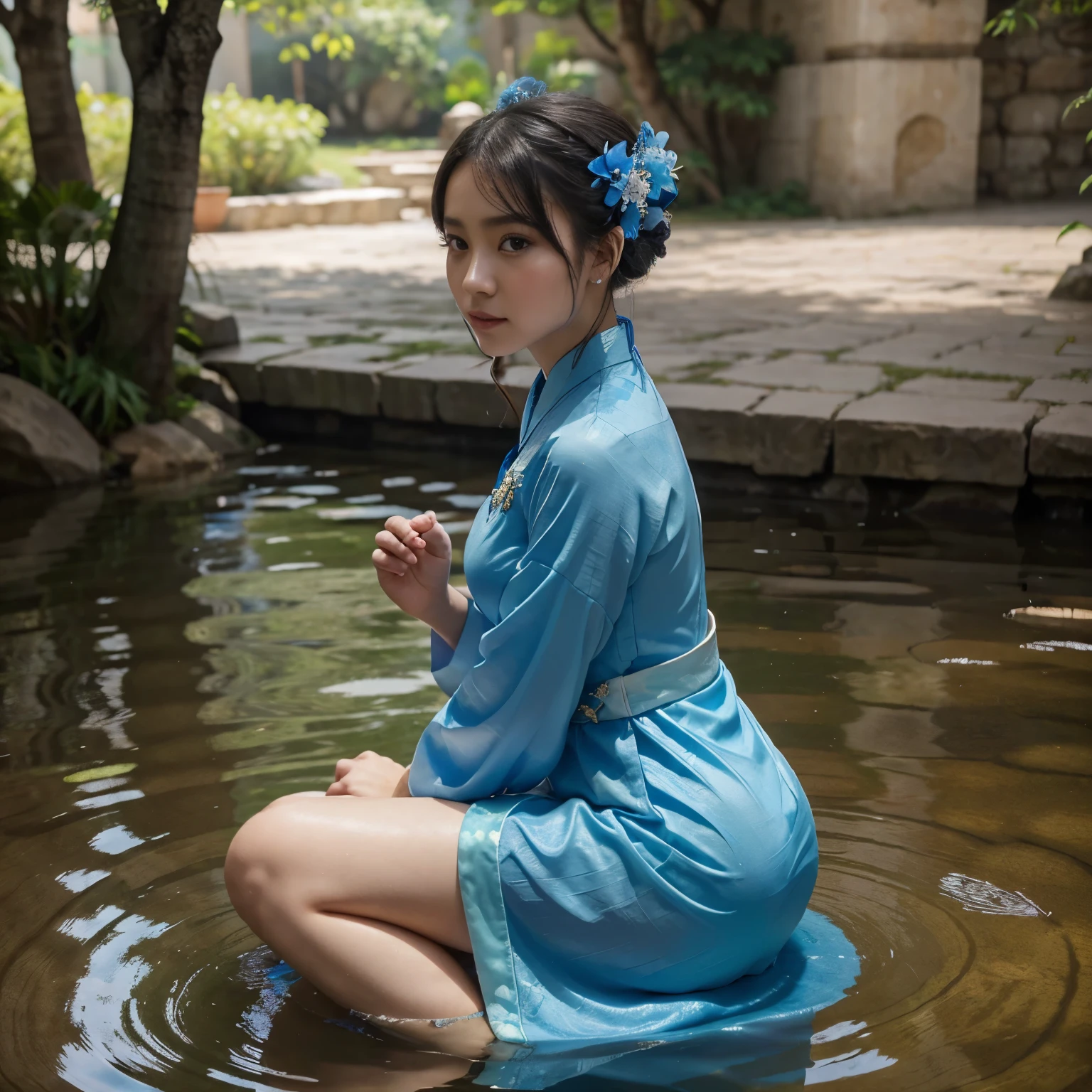 hay un vestido azul, 16 patas largas, una mujer sentada sobre una roca en el agua, de pie elegantemente sobre una flor de loto, Ethereal beauty, vistiendo un cheongsam azul, corte, una chica en hanfu, vistiendo un cheongsam azul, lleno de hada xia, en el estanque, Hanfu blanco, a stunning young ethereal figure, vestido fluido, azul claro, hair behind the ear