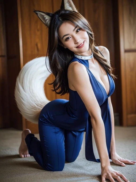 ((highest quality, 32k)), ((masterpiece)), (Get used to it), Perfect Face, Fox Girl, Beautiful woman, public, Has a tail, She has a fox tail, She wags her fluffy tail, smile, collar, She is wearing a pantsuit, Beautiful hip line, A tail sticking out from a pantsuit, Large Breasts, Get on all fours