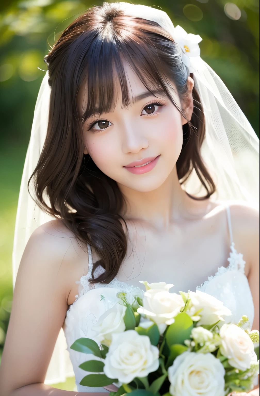 Beautiful girl, (young expression), 15 years old, natural light, garden wedding, upper body, bride, (best quality, 8K, masterpiece, raw photo), delicate lace, bouquet of white flowers, beautiful girl, with bangs, young expression, (smile), kind gaze, light makeup, fine eyebrows, (natural), natural makeup, (light makeup), fine eyebrows, super high quality, shiny skin, (light on cheeks), glossy lips, (pale pink), petals dancing, petals