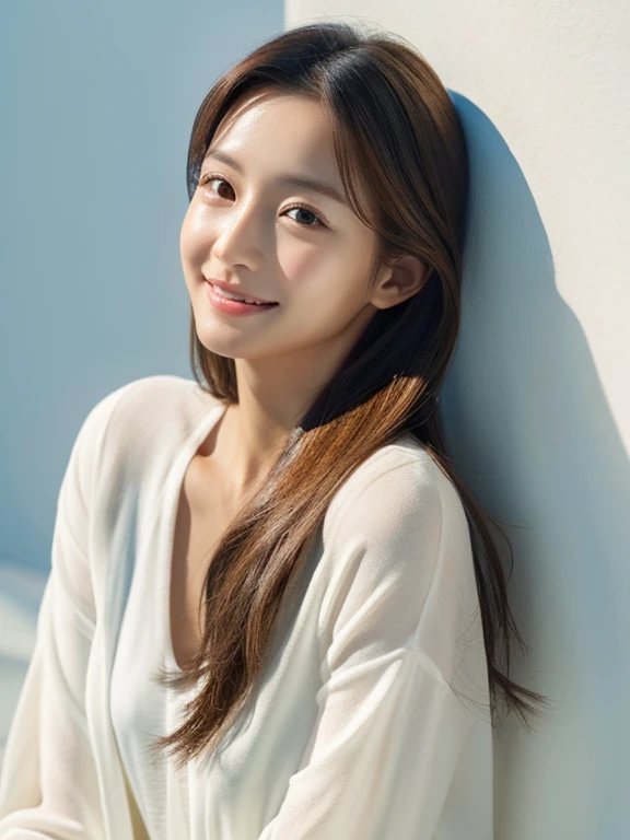 A woman with beautiful skin like a model for a skincare ad White clothes Long and beautiful hair Simple Background Light makeup clean 30th Generation Photorealistic Skin I don't know what AI is Close to human Glowing Skin Fine texture Moisturized Skin Round face Look to the side