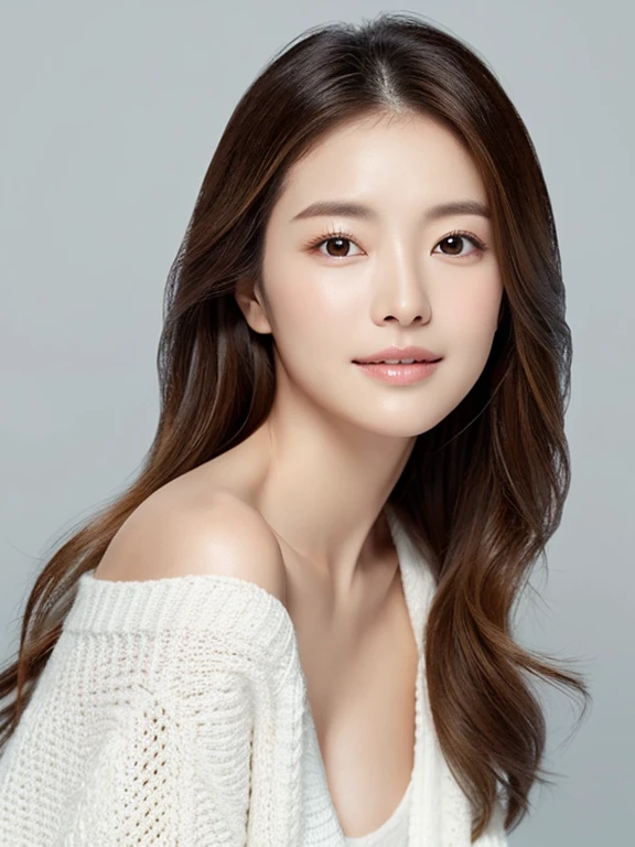 A woman with beautiful skin like a model for a skincare ad　White clothes　Long and beautiful hair　Simple Background　Light makeup　clean　　　30th Generation　Photorealistic Skin　I don&#39;t know what AI is　Close to human　　Glowing Skin　Fine texture 　Moisturized Skin　Round face　Look to the side