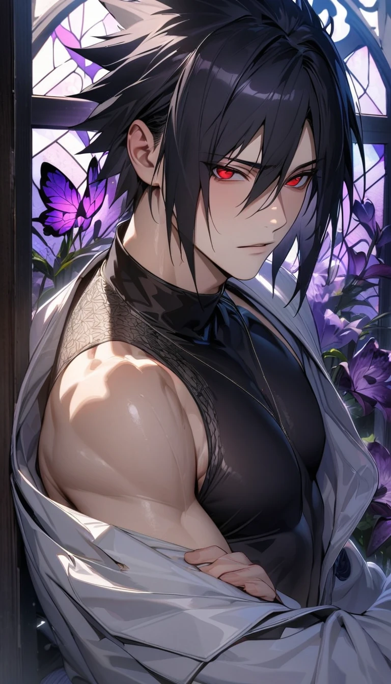 absurdres, highres, ultra detailed, HDR, master piece, best quality, Uchiha Sasuke, black hair, hair between the eyes, expressive red eyes, Naruto Shippuden, solo, sexy man, handsome, white coat, black tight shirt, patterns, toned chest, glass stained window, purple shining butterflies, purple lilies, purple petals