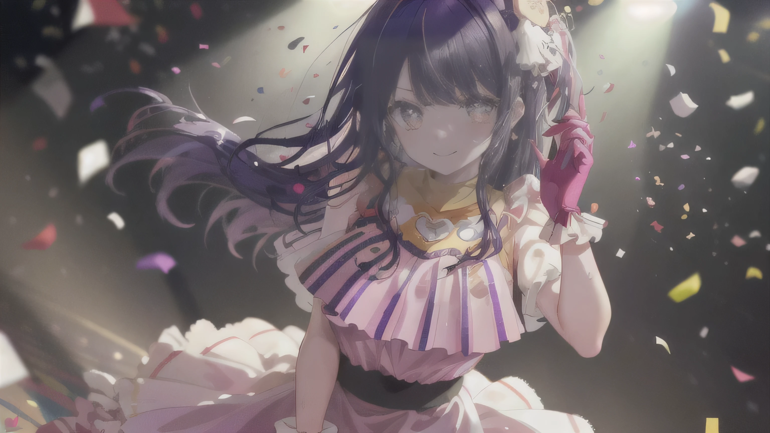 Absurd, High resolution, break looking at viewer, (from the front:1.5) break (Bright colors:1.3) break (One Girl:1.3), (change:1.2), (Hoshino Ai:1.4), (Purple Hair, Striped Hair:1.5), (Purple eyes:1.5), (Smile:1.7), Grab the microphone, (sing, Raise one arm, Close one eye, Lift your legs:1.3), Twist your waist, (Shining Eyes:1.3), (Upturned eyes, Smile:1.2), Star-shaped pupils, Hair Clip, Earrings, jewelry, nm1, Long Hair, (gloves:1.2), (Frills, pink shirt:1.2), Raise the hand, Dress Pull, The Roaring Twenties, No sleeve, shirt, Idol, Symbol-shaped pupil, Show your hand, (White liquid on the body:1.4), (Thighs:1.3), (huge chests, Chest cleavage:1.3), (Face Focus:1.2), Open your mouth, (chest:1.3), Round eyes, (blowing in the Wind:0.5), (Sweat around the girl, Dripping Sweat:1.3), Squall (Wind:1.2), Speed, Refreshing Wind, Motion Blur Effect, Wind break background is (On the Idol Stage:1.3), (Stand in the center of the screen:1.3), indoor, Idol live, Wind break magnificent view, (10,000 spectators:1.3), Particles of light, (Confetti:1.4), Dynamic Angle, Dutch Angle, perspective break (night, Spotlight:1.5), Depth of written boundary, Bokeh, Light leakage, (chromatic aberration:1.2) break
