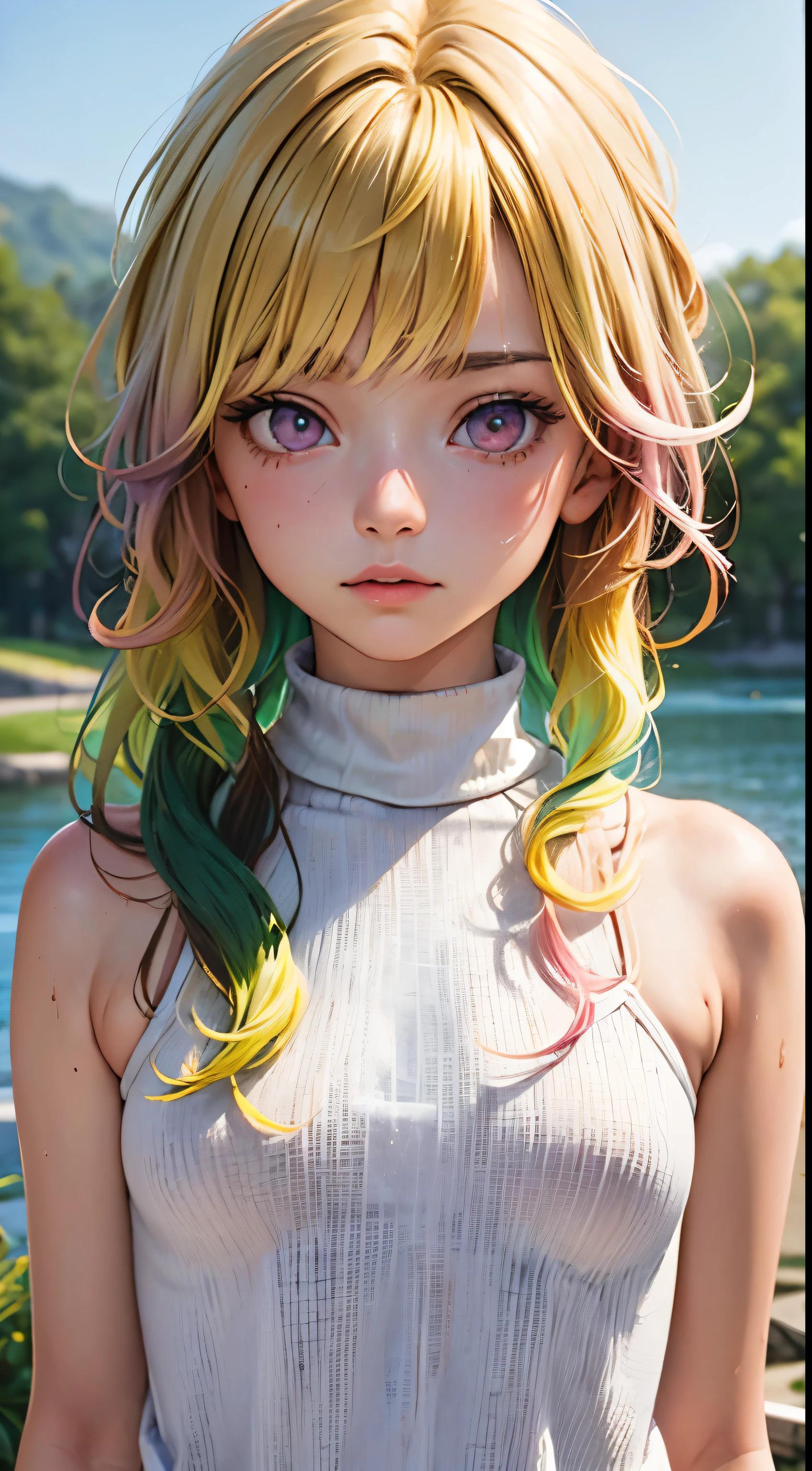 One woman, alone, alone Focus, Cowboy Shot, Portraiture,, Beaver,Half water color, Half Green, ((Brown Hair)), (Yellow Hair), (Gradient Hair :1.5), Curly Hair, ((Pink Eyes)), Ultra-detailed eyes, work, white knit, (Small TI quality, Very detailed,