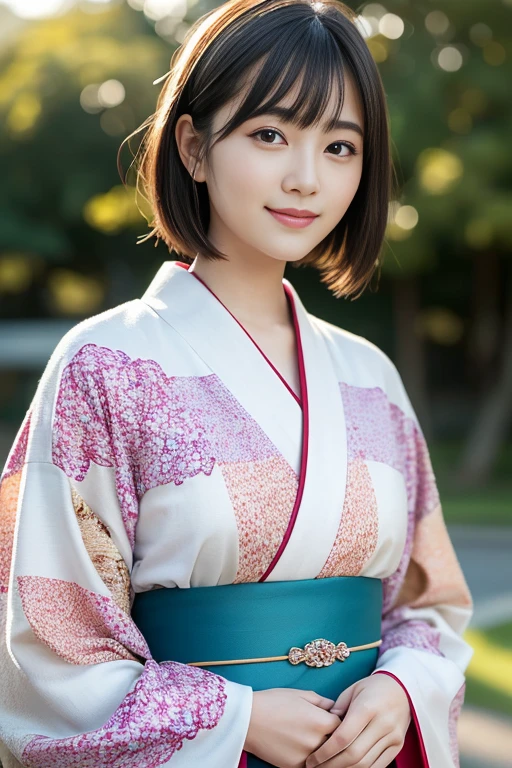 (highest quality:1.5)、(Realistic:1.5)、(1 person:1.5)、whole body、Very detailed、High resolution、8k wallpaper、Beautiful kimono with Japanese patterns、Cute obi with Japanese patterns、kimono、Small breasts、Natural color lips、Cute smile、Japanese women、20 year old girl、Thin eyebrows、Beautiful and elegant face、cute顔、cute目、Big eyes、Fair skin、Beautiful and elegant face、Natural Bangs、Beautiful and thin nose、Beautiful Skin、Medium Bob Hair、Short Hair、Natural Bangs、Perfect and beautiful face、Slim face and figure、(Looking at the camera with a cute expression)、(Bright lighting)、Professional Lighting、 (Lighting from the front)、Natural smile、cute、Simple Background、Outdoor、