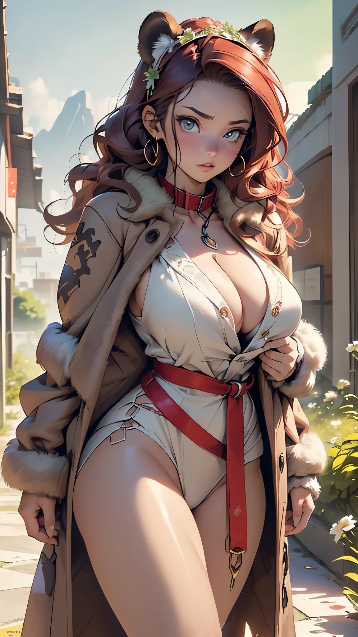 panther girl,(((panther woman,anthro furry cute,panther female warrior,panther-girl))),
(((panther ears,panther ears on head,big panther ears))),(large breasts:1.4,),(((absurdly long unkept hair,red hair,very long red hair,voluminous hair,Thick hair,Dense hair,colored inner hair))),(((yellow_green:1.3))),intricate eyes,beautiful detailed eyes,symmetrical eyes,(((lustrous skin:1.5,tanned skin,bright skin: 1.5,skin tanned,shiny skin,very shiny skin,shiny body))),spider lower abdomen,narrow waist,wide hip,athletic body,inflated legs,thick thighs),(((muscle legs,muscular thighs,muscular girl,strong and muscular,bodybuilder,strong body,muscular,feminine and muscular,ABS))),(huge stature,tall stature,very tall girl),(delicate detailed fingers),(((detailed face))),beautiful detailed lips,
cute,slutty,sensual,seductive look,(((nsfw))),
(((huge cleavage))),revealing clothes,show skin,((underboob)),(barefoot),(((brown fur coat,gray fur coat outfit,wearing a brown fur coat:1.3))),,(wearing a barbarian outfit:1.3,barbarian clothes),((red panties with a wolf fur sarong brown)),((clothing adorned with embroidery, bones, feathers and beads, white flower crown)),(((slave collar,Long chain leash connected to her collar,shackles))),tribal,((loincloth,intricate outfit,embroidered outfit,ornate outfit)),
dynamic pose,looking at viewer,angry,centered,scale to fit dimensions,Rule of thirds,
((mountain)),scenery:1.25,((intricate scenery)),((mountain background)),
(Glossy tribal ornaments),highres,sharp focus,(ultra detailed,extremely detailed),(photorealistic artwork:1.37),(extremely detailed CG unity 8k wallpaper),(((vibrant colors,vibrant theme))),(intricate),(masterpiece),(best quality),artistic photography,(photography taken by sldr),(intricate background),perfect rendered face,perfect face details,realistic face,photo realistic,((intricate detail)),(((realism))),