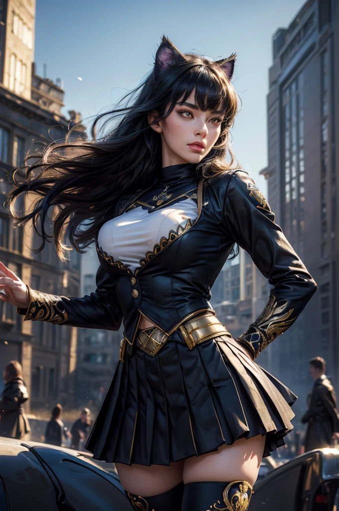 (masterpiece,stunning girlfriend, (standing:1.1), dynamic pose, heart shaped face, elegant face, beautiful face, highly detailed face, highly detailed skin, skin pores, subsurface scattering, realistic pupils, looking at viewer, full lips, detailed background, depth of field, atmospheric perspective, volumetric lighting, sharp focus, absurdres, realistic proportions, good anatomy, (realistic, hyperrealistic:1.4), 16k hdr, (masterpiece, best quality),  intricate details, 1girl,   blake_belladonna, gmuniform, pleated skirt, blue thighhighs,  black and gold uniform, city