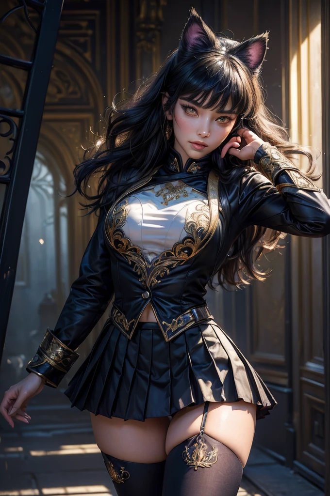 (masterpiece,stunning girlfriend, (standing:1.1), dynamic pose, heart shaped face, elegant face, beautiful face, highly detailed face, highly detailed skin, skin pores, subsurface scattering, realistic pupils, looking at viewer, full lips, detailed background, depth of field, atmospheric perspective, volumetric lighting, sharp focus, absurdres, realistic proportions, good anatomy, (realistic, hyperrealistic:1.4), 16k hdr, (masterpiece, best quality), intricate details, 1girl, blake_belladonna, gmuniform, pleated skirt, blue thighhighs, black and gold uniform, city