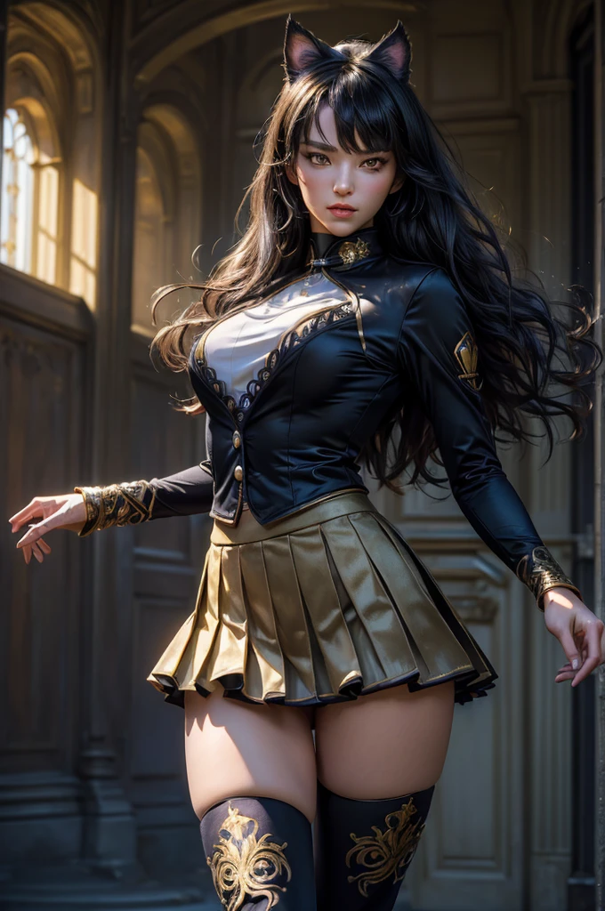 (masterpiece,stunning girlfriend, (standing:1.1), dynamic pose, heart shaped face, elegant face, beautiful face, highly detailed face, highly detailed skin, skin pores, subsurface scattering, realistic pupils, looking at viewer, full lips, detailed background, depth of field, atmospheric perspective, volumetric lighting, sharp focus, absurdres, realistic proportions, good anatomy, (realistic, hyperrealistic:1.4), 16k hdr, (masterpiece, best quality), intricate details, 1girl, blake_belladonna, gmuniform, pleated skirt, blue thighhighs, black and gold uniform, city