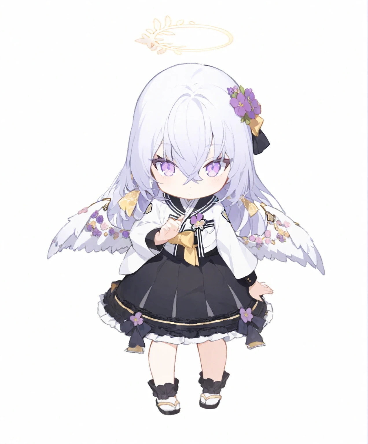 azusa \(blue archive\), 1girl alternate_costume alternate_hairstyle angel_wings bench blurry braid braided_bun building depth_of_field feathered_wings flower hair_between_eyes hair_bun halo japanese_clothes kimono lamppost long_hair long_sleeves looking_at_viewer night night_sky obi obiage park park_bench purple_eyes sash sidelocks single_hair_bun sitting sky skyline skyscraper solo star_(sky) starry_sky stuffed_toy tree v_arms white_hair white_wings wide_sleeves wings yukata