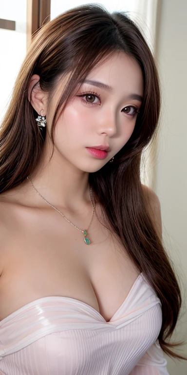 Canon RF85mmf/1.2,masterpiece,highest quality,Ultra-high resolution,VC,1 girl,(Korean mixed race,K-Pop Idols:1.2),alone,white_Shiny_skin,Iris,necklace,((Brown_length_Wavy_hair)),((pink_Shiny_lips)),eyelash,前hair,make,compensate,Shiny,pore,skin texture,bracelet,Off the shoulder,See-through,Big Breasts