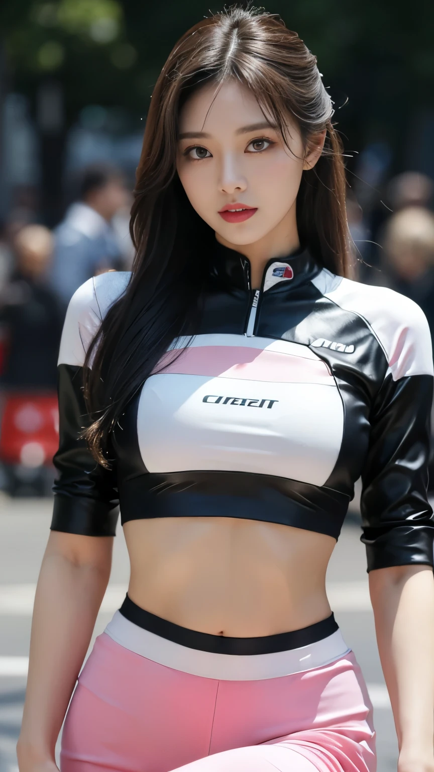 1 sister，Wearing a tight pink and white racing suit，big腿向你走来，Hold the handlebars of your motorcycle，(Riding a motorcycle:1.2)，navel，Just looking at the audience，midnight street，Movie Lighting，National Foundation，（（best quality，8k，masterpiece：1.3））），Be focused：1.2，（Layered pruning，big：1.2），Beautiful woman with perfect body：1.4，Slim abdominal muscles：1.2，Wet body：1.5，Highly detailed face and skin textures，Delicate eyes，double eyelids，Long gray hair