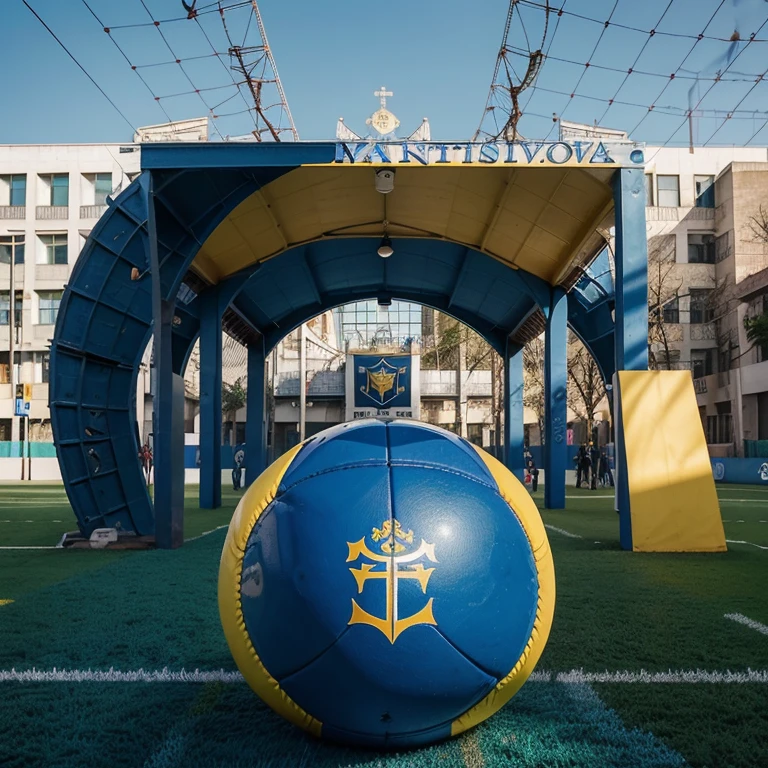 Make a logo for a social network profile called university naked. Place football symbols, como uma bola por exemplo. Quero nas cores azul e amarelo. If you can, place the symbol of Ponteficia Universidade Catolica. Tambem quero que a logo seja no modelo escudo de futebol