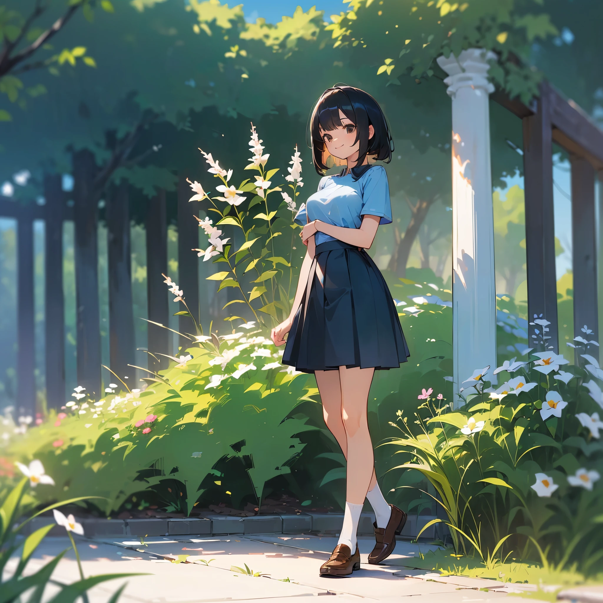 (high quality, High resolution, Very detailed, reality:1.37), Peaceful atmosphere, (Outdoor, garden), Teenage girl standing alone, (my breasts are big.), Beautiful details, Cute Smile, (Black bob hair), Short sleeve shirt, Blue Skirt, White socks, Brown leather shoes.