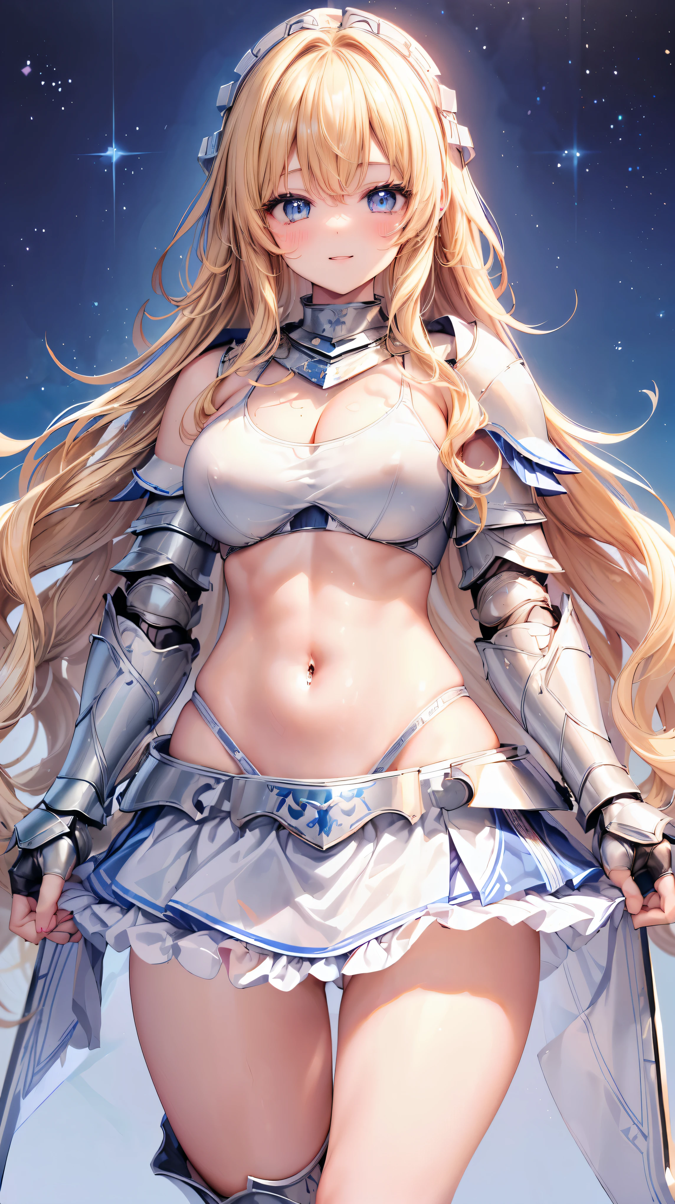 Very detailed、highest quality、Best image quality、masterpiece、8k、Anime Face、A kind smile、Open your mouth、Sparkling blue eyes、(Blonde wavy hair:1.5)、、Muscles of the whole body、camisole、Thigh belt、mini skirt、(Wearing white bikini armor:1.5)、(Cowboy Shot:1.5)、(Leg armor:1.5)