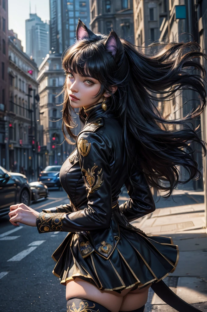 (masterpiece,stunning girlfriend, (standing:1.1), dynamic pose, heart shaped face, elegant face, beautiful face, highly detailed face, highly detailed skin, skin pores, subsurface scattering, realistic pupils, looking at viewer, full lips, detailed background, depth of field, atmospheric perspective, volumetric lighting, sharp focus, absurdres, realistic proportions, good anatomy, (realistic, hyperrealistic:1.4), 16k hdr, (masterpiece, best quality), intricate details, 1girl, blake_belladonna, gmuniform, pleated skirt, blue thighhighs, black and gold uniform, city