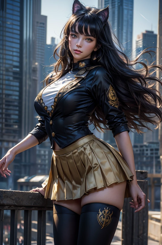 (masterpiece,stunning girlfriend, (standing:1.1), dynamic pose, heart shaped face, elegant face, beautiful face, highly detailed face, highly detailed skin, skin pores, subsurface scattering, realistic pupils, looking at viewer, full lips, detailed background, depth of field, atmospheric perspective, volumetric lighting, sharp focus, absurdres, realistic proportions, good anatomy, (realistic, hyperrealistic:1.4), 16k hdr, (masterpiece, best quality), intricate details, 1girl, blake_belladonna, gmuniform, pleated skirt, blue thighhighs, black and gold uniform, city