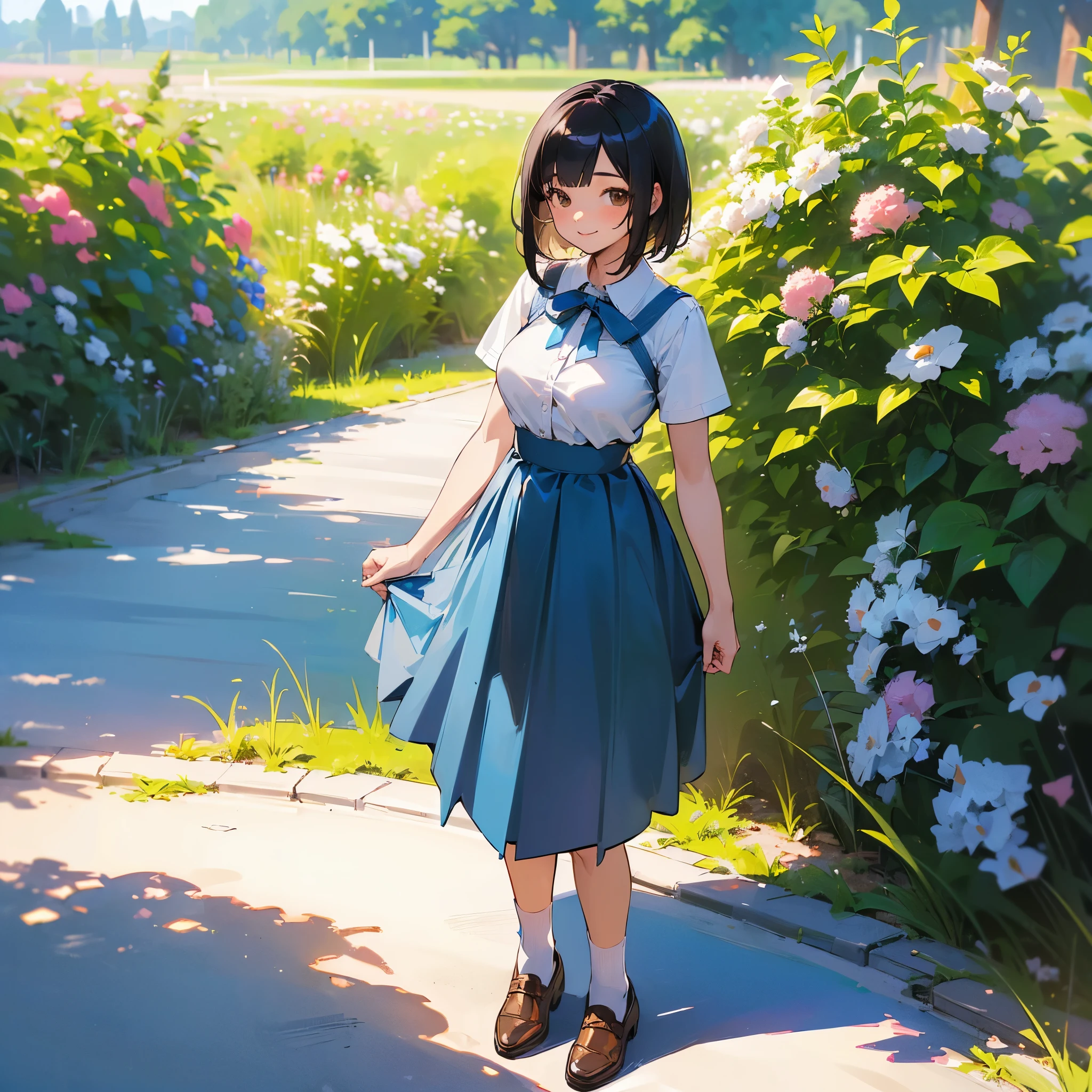(high quality, High resolution, Very detailed, reality:1.37), Peaceful atmosphere, (Outdoor, garden), Teenage girl standing alone, (my breasts are big.), Beautiful details, Cute Smile, (Black bob hair), Short sleeve shirt, Blue Skirt, White socks, Brown leather shoes.