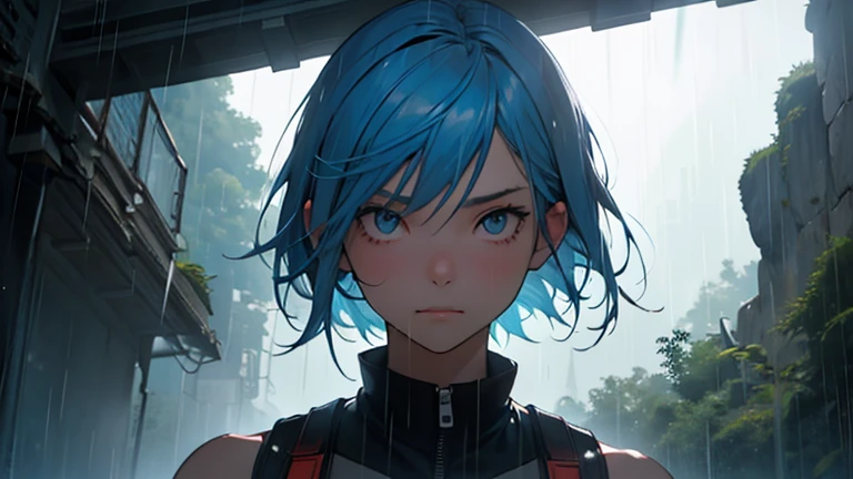 girl, Blue Hair, Short Bob, a girl, alone, blackﾊﾟｰｶｰWearing、Your whole body on screen、Absurd, High resolution, (Official Art, beautifully、aesthetic:1.2), Close-up,rain, 降り注ぐrain、A vast world, girl, stare, Awe-inspiring expressions, Distant Horizon, cloud, High Hill, Natural Beauty, Inspiration, Light effects