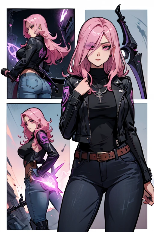 A pink haired female reaper with violet eyes with an hourglass figure in a cool leather jacket and jeans is carrying her scythe into a tomb 