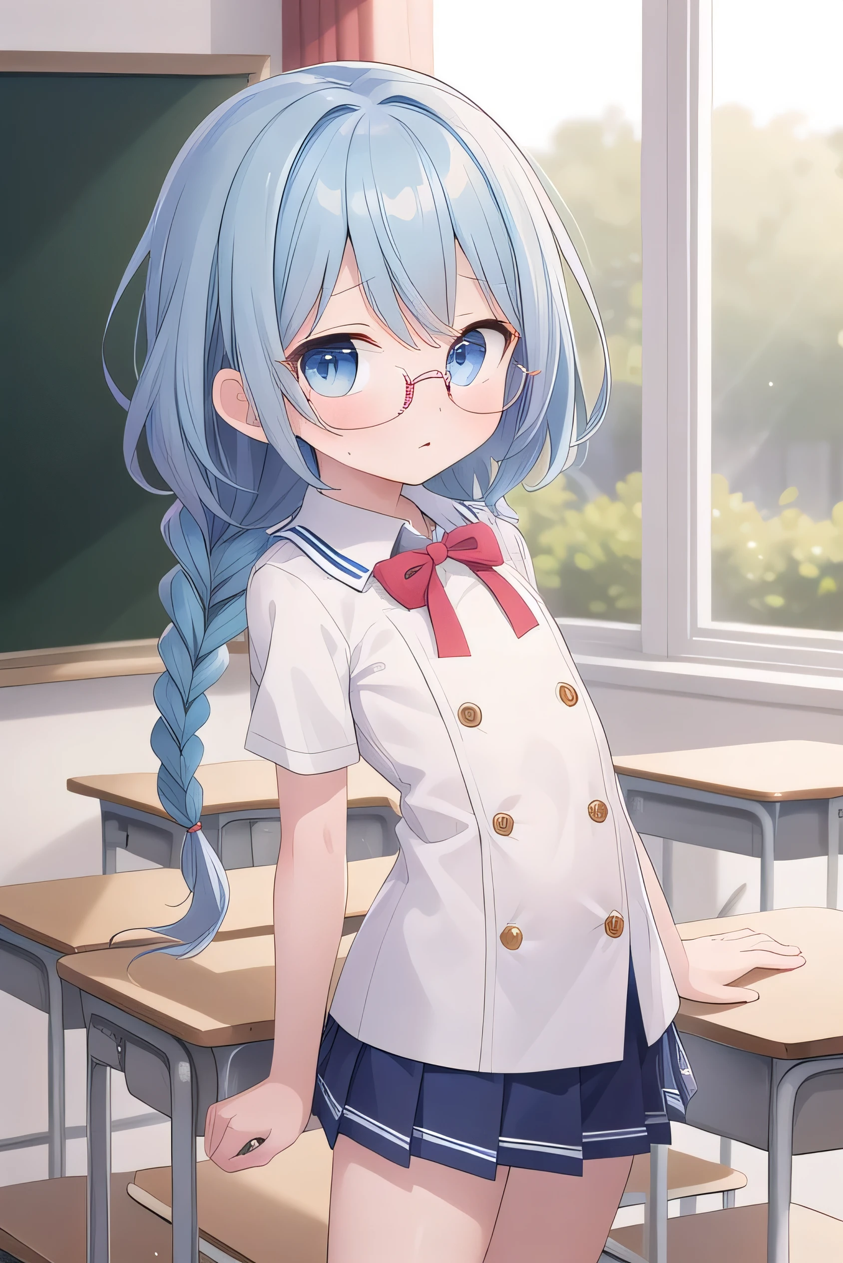 ultra-detailed,masterpiece,best quality, small breasted girl, short, , blue hair, fishtail braid, blue eyes, round eyes, shy, shy, classroom, short, young face, short height, , glasses with no edges,flat chest,