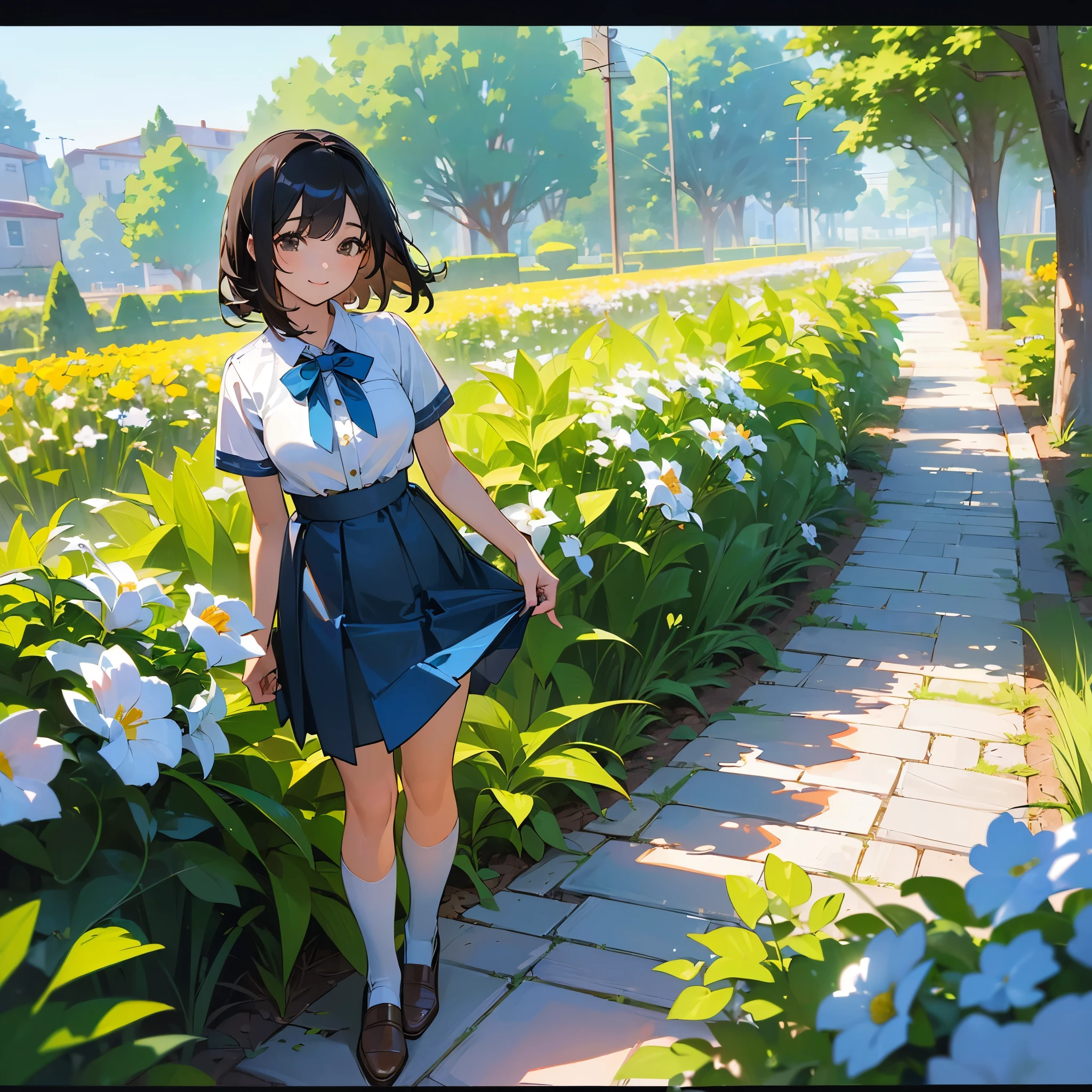 (high quality, High resolution, Very detailed, reality:1.37), Peaceful atmosphere, (Outdoor, garden), Teenage girl standing alone, (my breasts are big.), Beautiful details, Cute Smile, (Black bob hair), Short sleeve shirt, Blue Skirt, White socks, Brown leather shoes.