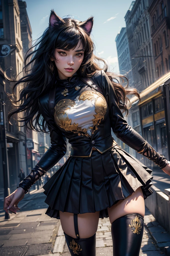 (masterpiece,stunning girlfriend, (standing:1.1), dynamic pose, heart shaped face, elegant face, beautiful face, highly detailed face, highly detailed skin, skin pores, subsurface scattering, realistic pupils, looking at viewer, full lips, detailed background, depth of field, atmospheric perspective, volumetric lighting, sharp focus, absurdres, realistic proportions, good anatomy, (realistic, hyperrealistic:1.4), 16k hdr, (masterpiece, best quality),  intricate details, 1girl,   blake_belladonna, gmuniform, pleated skirt, blue thighhighs,  black and gold uniform, city