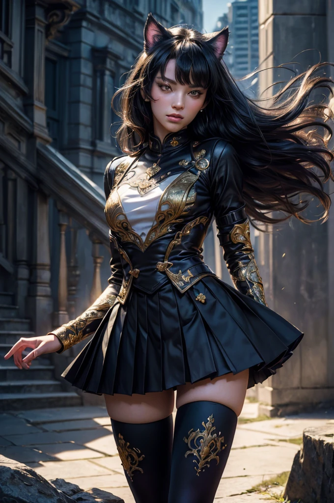 (masterpiece,stunning girlfriend, (standing:1.1), dynamic pose, heart shaped face, elegant face, beautiful face, highly detailed face, highly detailed skin, skin pores, subsurface scattering, realistic pupils, looking at viewer, full lips, detailed background, depth of field, atmospheric perspective, volumetric lighting, sharp focus, absurdres, realistic proportions, good anatomy, (realistic, hyperrealistic:1.4), 16k hdr, (masterpiece, best quality), intricate details, 1girl, blake_belladonna, gmuniform, pleated skirt, blue thighhighs, black and gold uniform, city