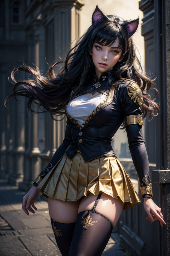 (masterpiece,stunning girlfriend, (standing:1.1), dynamic pose, heart shaped face, elegant face, beautiful face, highly detailed face, highly detailed skin, skin pores, subsurface scattering, realistic pupils, looking at viewer, full lips, detailed background, depth of field, atmospheric perspective, volumetric lighting, sharp focus, absurdres, realistic proportions, good anatomy, (realistic, hyperrealistic:1.4), 16k hdr, (masterpiece, best quality), intricate details, 1girl, blake_belladonna, gmuniform, pleated skirt, blue thighhighs, black and gold uniform, city