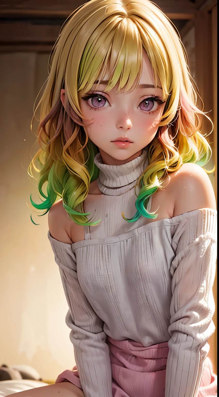 One woman, alone, alone Focus, Cowboy Shot, Portraiture,, Beaver,Half water color, Half Green, ((Brown Hair)), (Yellow Hair), (Gradient Hair :1.5), Curly Hair, ((Pink Eyes)), Ultra-detailed eyes, work, white knit, (Small TI quality, Very detailed,