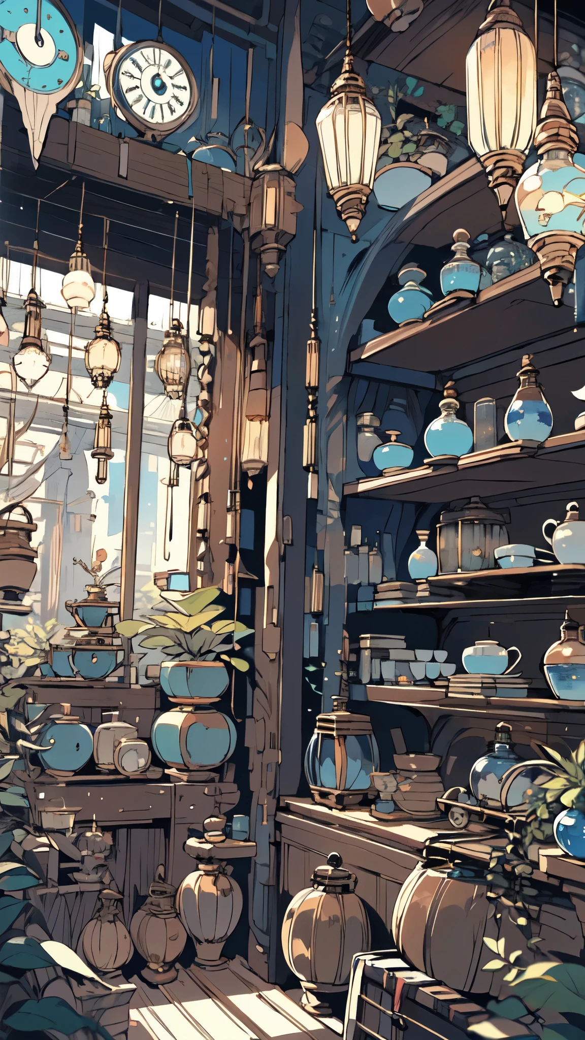 (masterpiece:1.2), highest quality,pixiv, night view, scenery, there are no humans, window, plant, potted plant, indoors, shelf, wooden floor, lanthanum, lamp, Book, Bookshelf, blurry, table, bottle, Depth of the bounds written, Chair, cup, fantasy, Barrel, ladder、clock、柱clock、鳩clock、Hat with clock、