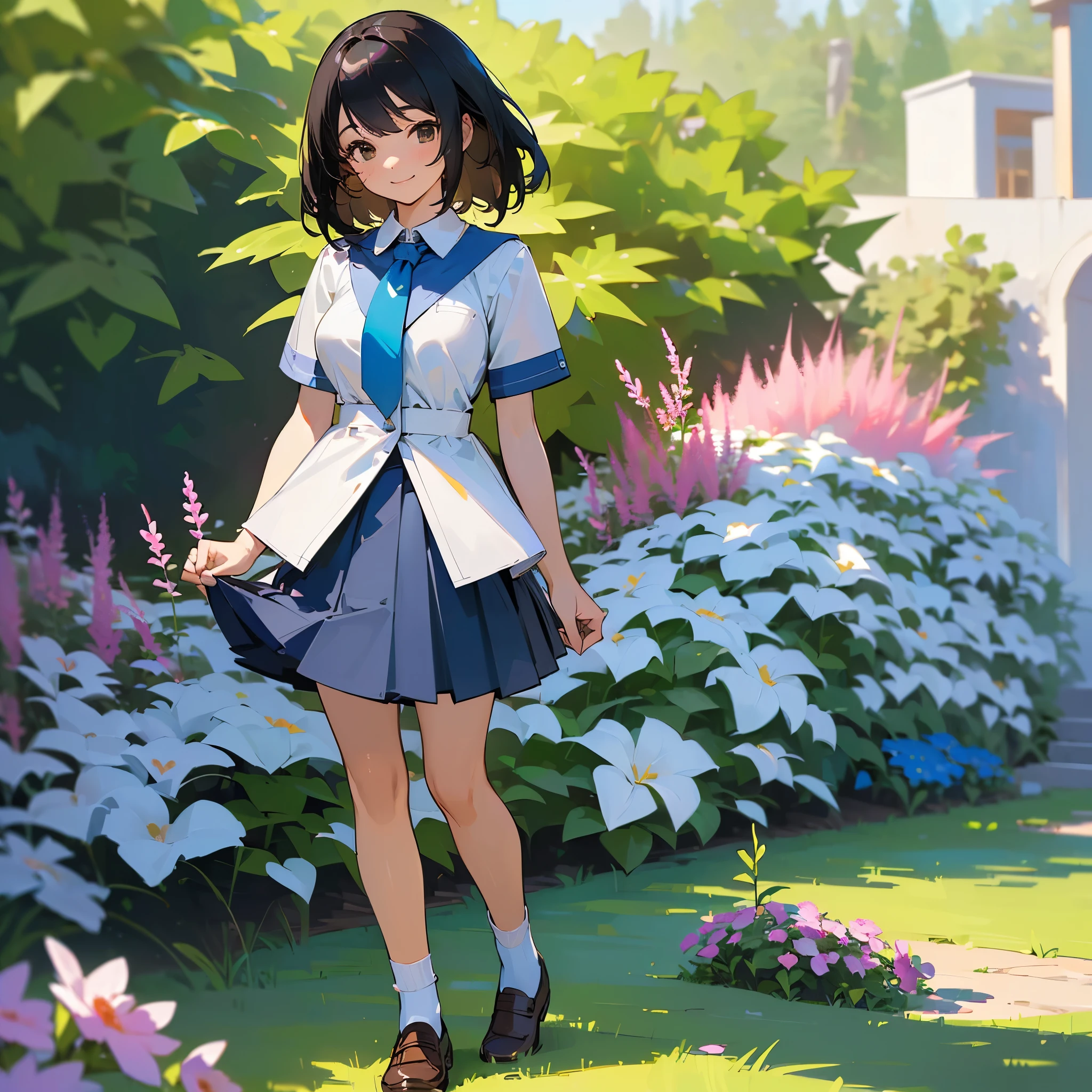 (high quality, High resolution, Very detailed, reality:1.37), Peaceful atmosphere, (Outdoor, garden), age girl standing alone, (my breasts are big.), Beautiful details, Cute Smile, (Black bob hair), Short sleeve shirt, Blue Skirt, White socks, Brown leather shoes.