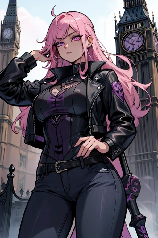 A pink haired female reaper with violet eyes with an hourglass figure in a cool leather jacket and jeans  is carrying her scythe into Big Ben in London