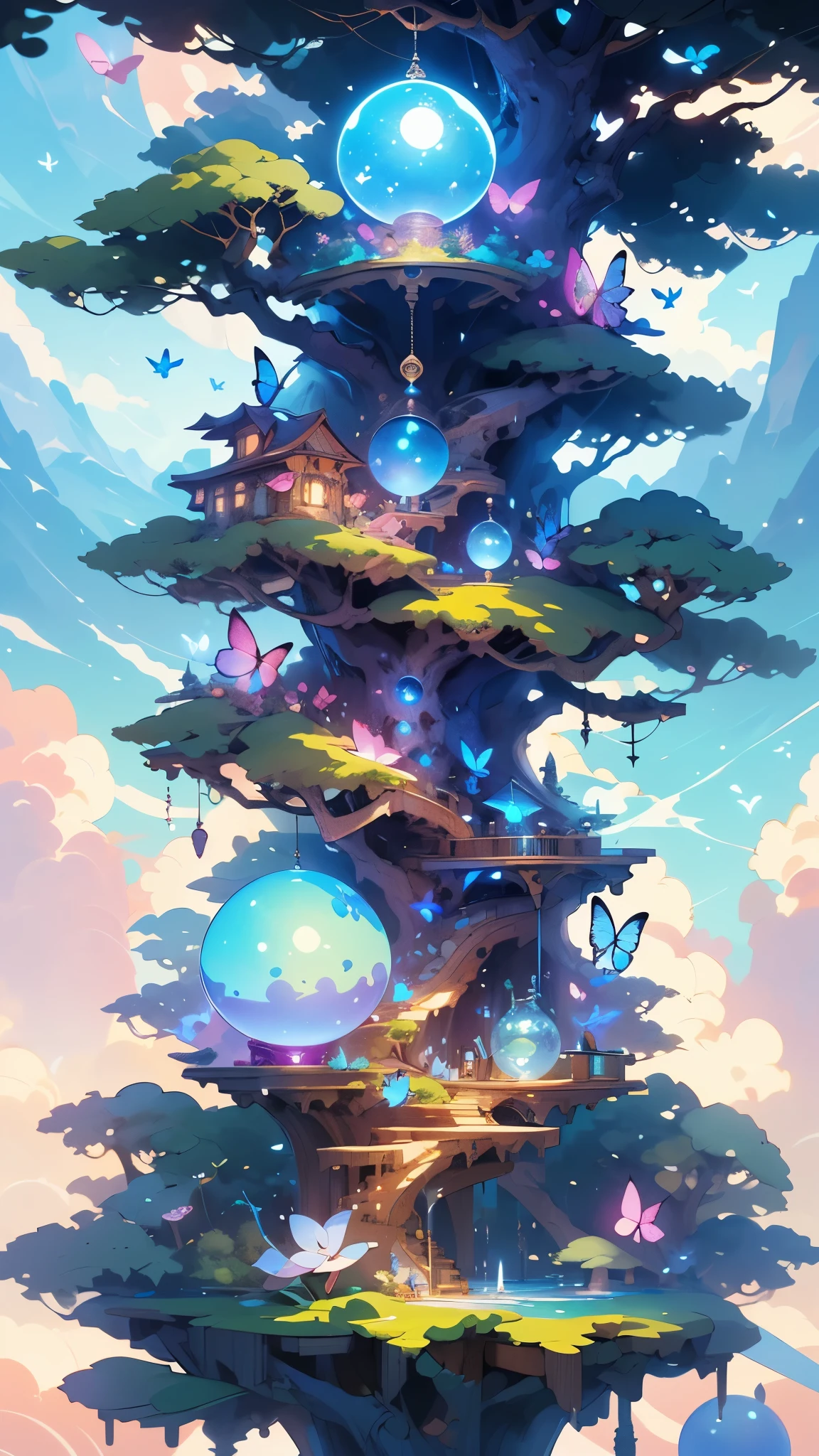 (Masterpiece),(Best quality:1.0), (Ultra-high resolution,), Detailed, A glass ball,There is a tree inside, Digital art, cg society contest winner, Butterflies and sunlight, concept art design illustration, Beautiful digital illustration, Closed ecosystems
