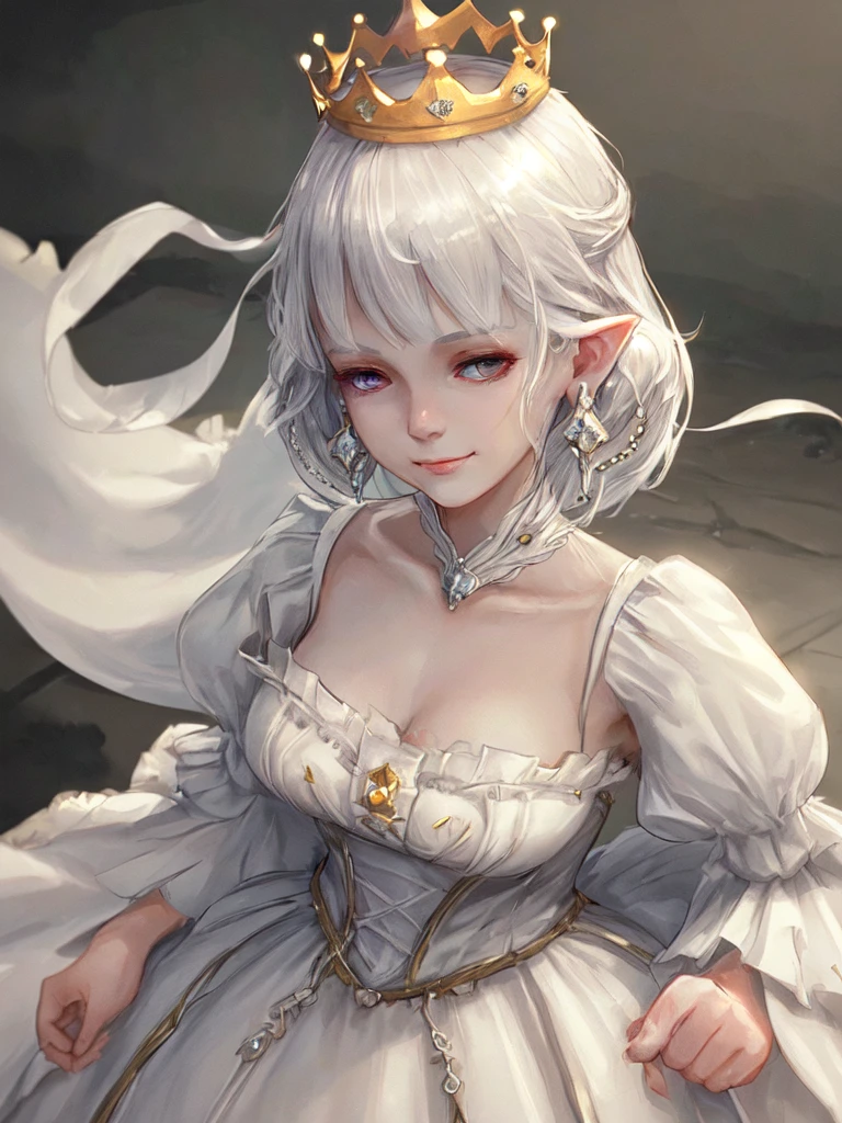 1girl,earings,crown,white dress,smirk. HD,HDR,16K,DETAILED,UNREAL ENGINE