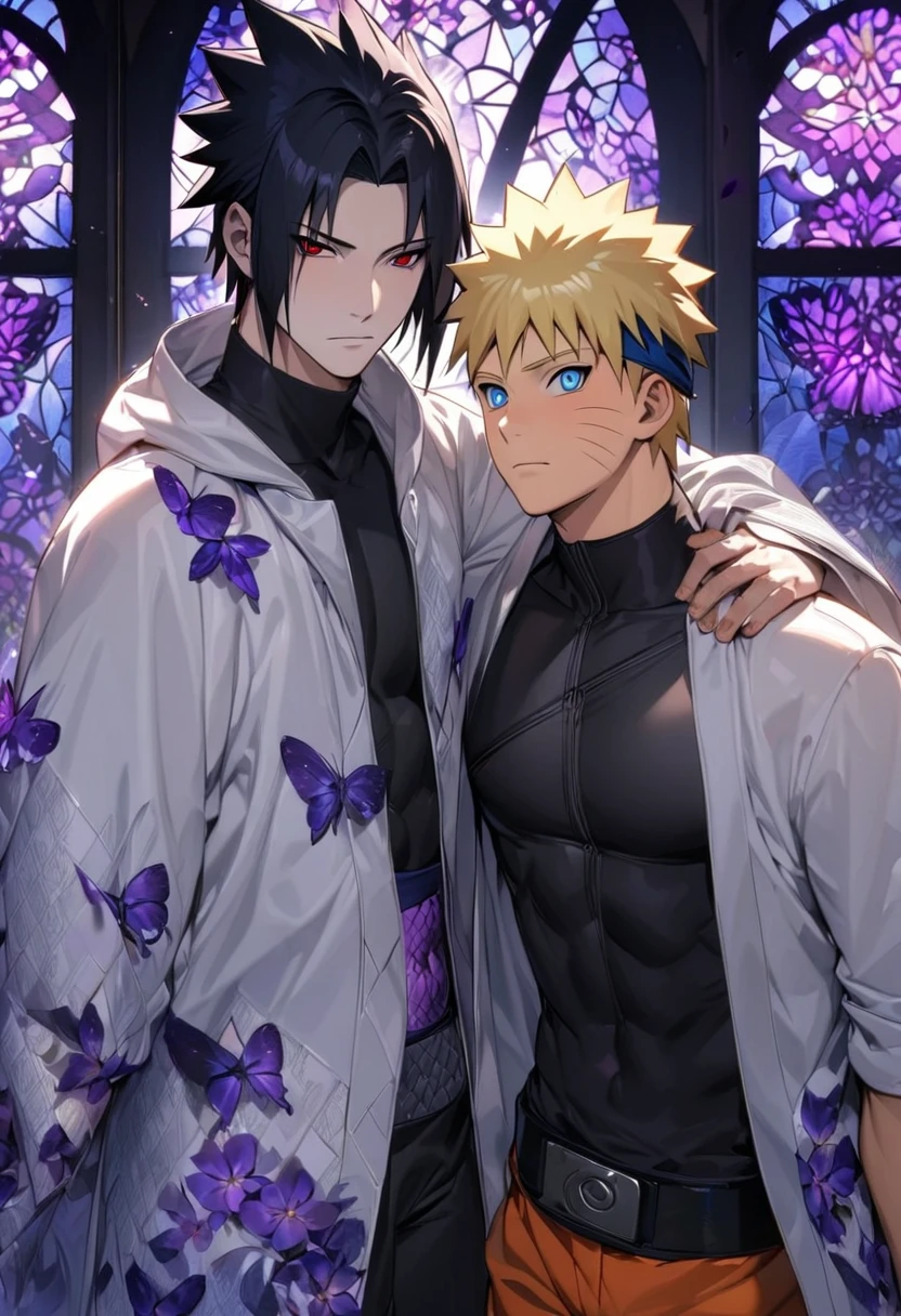 absurdres, highres, ultra detailed, HDR, master piece, best quality, Uchiha Sasuke, black hair, expressive red eyes, Naruto Shippuden, Uzumaki Naruto, blond hair, expressive blue eyes, two sexy men together, gay couple, handsome, white coat, black tight shirt, patterns, toned chest, glass stained window, purple shining butterflies, purple lilies, purple petals