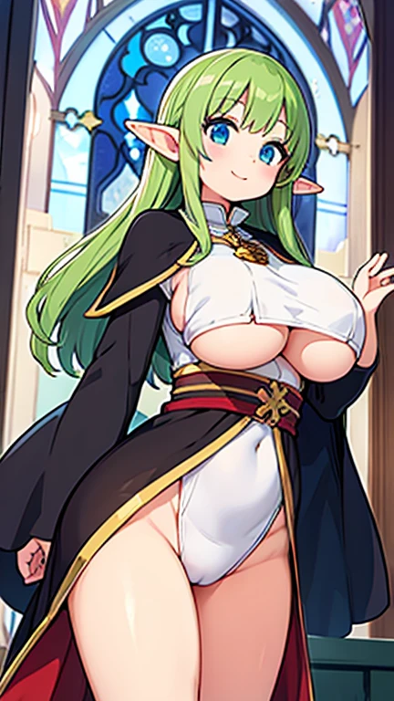 Cathedral、Elf、clergyman、smile、Big Breasts、Very large breasts、Underboob、Lower part of breast