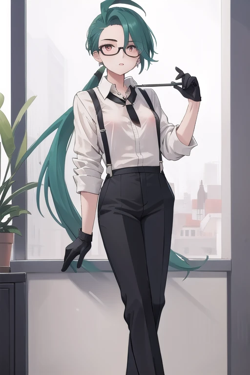 ((highest quality)), ((masterpiece)), (be familiar with),One girl,Chile,White Eyes,Earrings,Small breasts,Flat Chest,Black tie,shirt,White shirt,suspenders,Black gloves,Black trousers,shoes,good looking,Glasses,{Erect nipples}