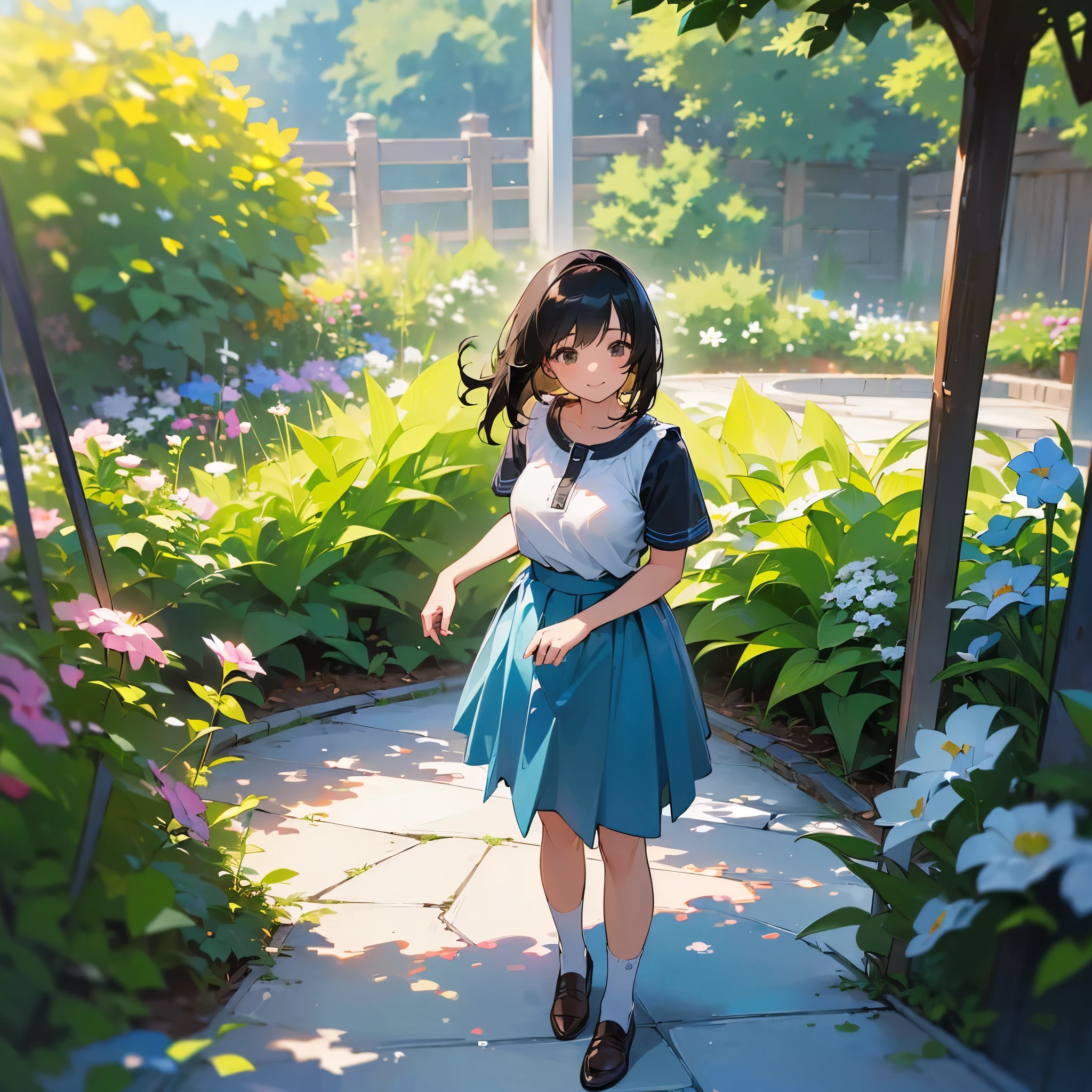 (high quality, High resolution, Very detailed, reality:1.37), Peaceful atmosphere, (Outdoor, garden), Teenage girl standing alone, (my breasts are big.), Beautiful details, Cute Smile, (Black bob hair), Short sleeve shirt, Blue Skirt, White socks, Brown leather shoes.