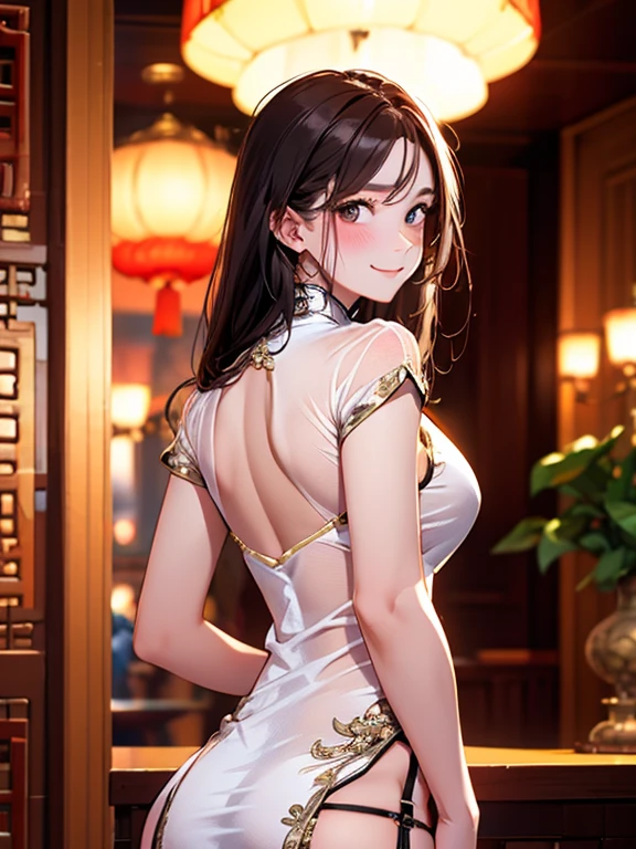 High resolution, adult woman , good lighting, despicable, , (No nudity), (((China dress))), (()), ((())), (garter belt), abdomen only, (), , cute face, embarrassed and blush, humiliating, ((turn around and look back)), ((See-through))()(T-back)(a large amount of is on the body,)detailed face, smile, young woman