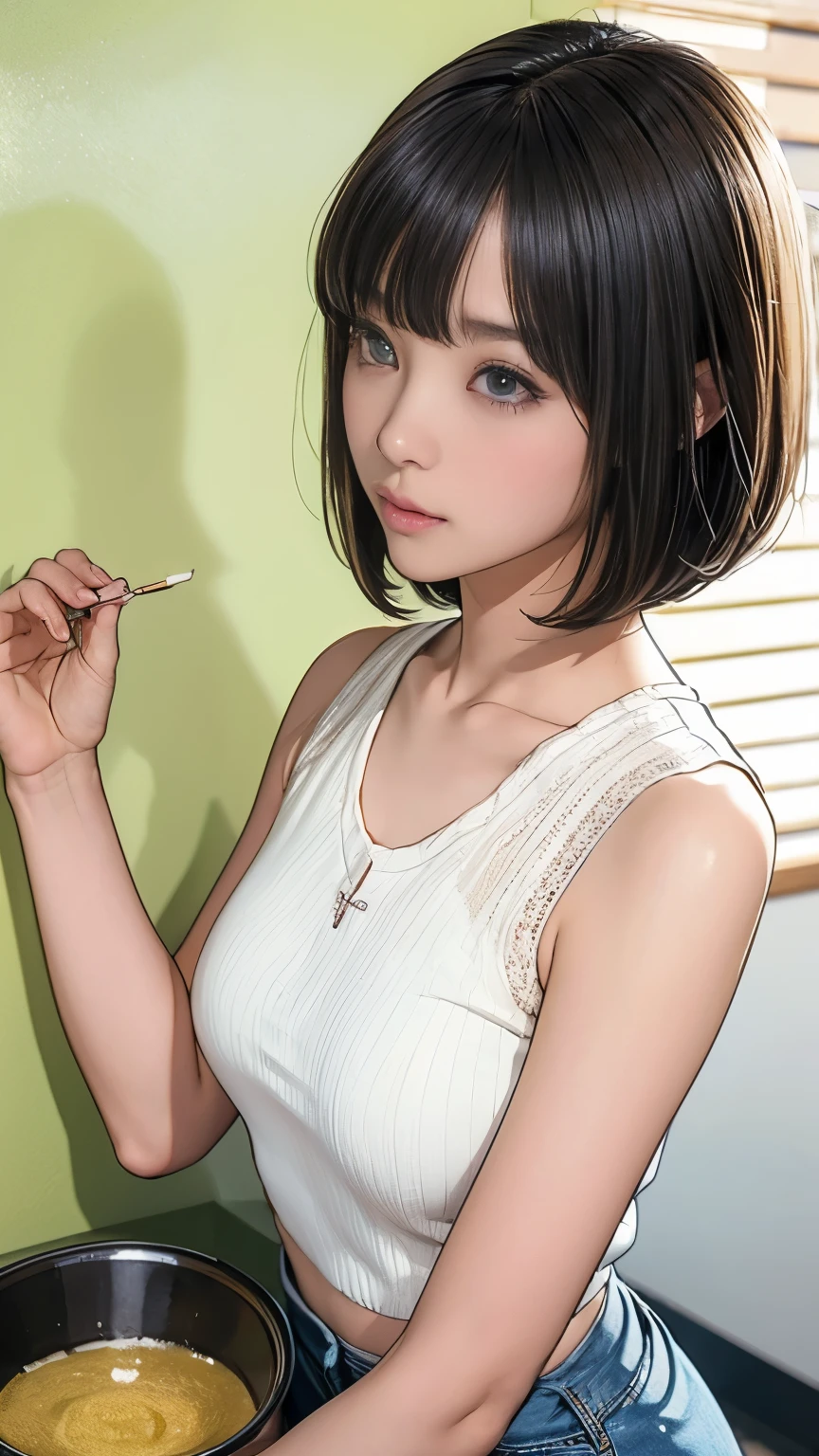 ((Showpiece、sthe highest qualit、High Accuracy))、女の子1人、(pfotorealistic:1.4)、(((Look up at the camera even slightly above、gaze at the camera、Looking up、looking up at the camera)))、solo、、white backbroud、pure white background、close mouth、Happy smile、Smile happily、pretty black hair、Shorthair、big Eyes、Distinct double eyelids、Lashes、Put your ears out、long neck、long neck、Absolute Area、((Face close-up))、19歳、Attractive proportions、Glossy skin、Clean collarbone、The face of the golden ratio、perfect faces、Tear mole、Mole on the chest、bangs、Clean bangs、Beautiful bangs、lipgloss、thin lips、White-colored skin、undressed、big Chest、Small Face、smaller face、Staring at the camera slightly upwards