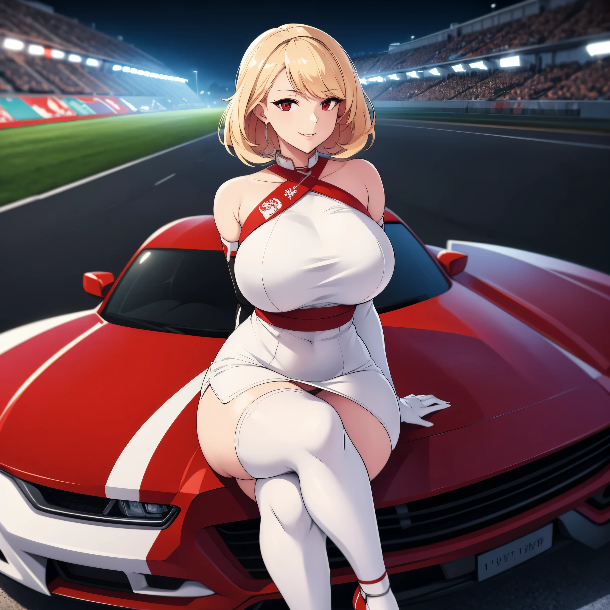 A woman wearing a tight white race queen style dress, exposed thigh, long white stockings, black heels, short blonde hair, red eyes, black gloves, big breasts, smiling, sitting on the hood of a white racing car with red details, on a track in a racing stadium, illuminated place, place at night,(woman solo), HDR, ultra resolution, sharp, masterpiece, 8K HD