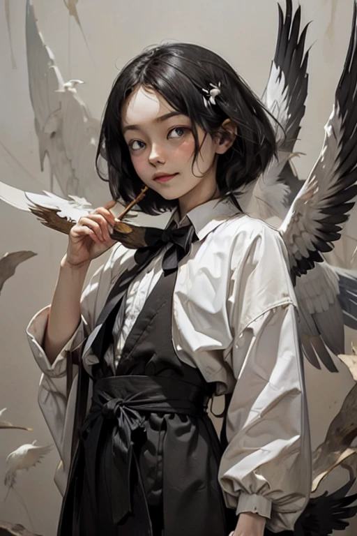 White crow with wings spread、Holding a bow