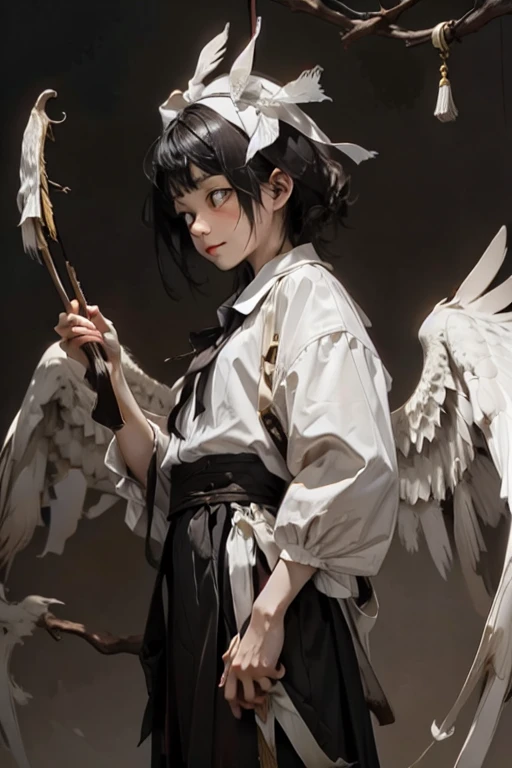 White crow with wings spread、Holding a bow