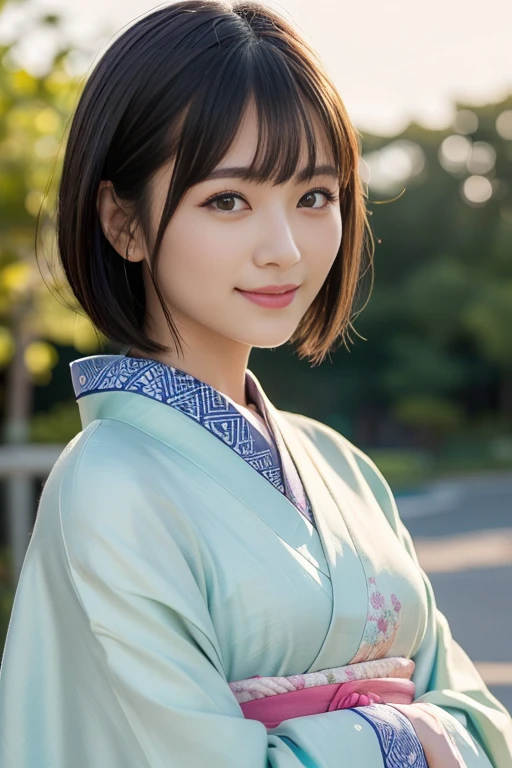 (highest quality:1.5)、(Realistic:1.5)、(1 person:1.5)、whole body、(Very detailed)、(High resolution)、(8k)、Beautiful kimono with Japanese patterns、Cute obi with Japanese patterns、kimono、Small breasts、Natural color lips、Cute smile、Japanese women、20 year old girl、Thin eyebrows、Beautiful and elegant face、cute顔、cute目、Big eyes、Fair skin、Beautiful and elegant face、Natural Bangs、Beautiful and thin nose、Beautiful Skin、Medium Bob Hair、Short Hair、Natural Bangs、Perfect and beautiful face、Slim face and figure、（Looking at the camera with a cute expression）、(Bright lighting)、Professional Lighting、 (Lighting from the front)、Natural smile、cute、Simple Background、Outdoor、Elegant pose、Kimono with furisode、