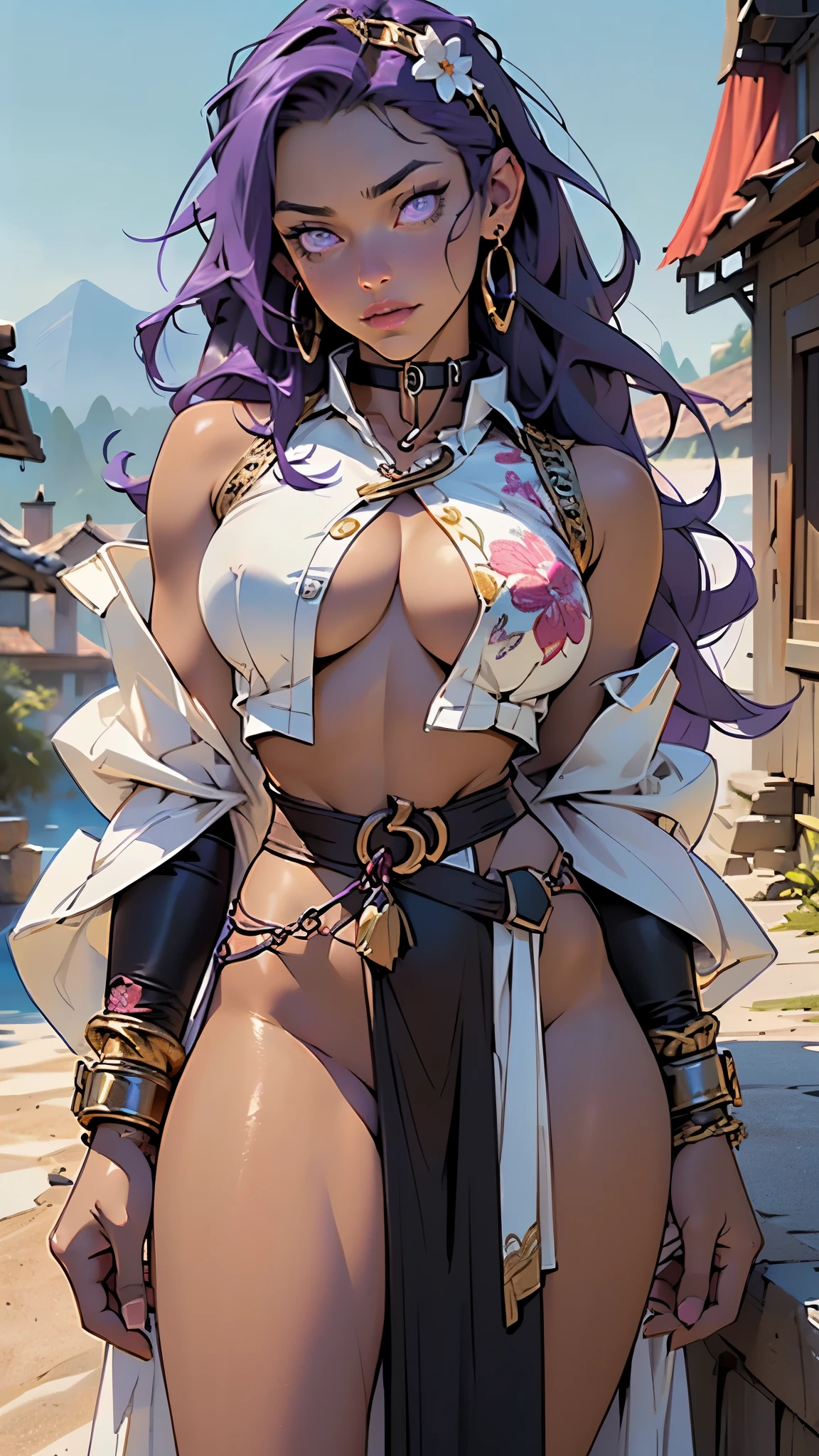 girl tribal,(((beauty girl))),(((18 years old))),

((((large breasts:1.4),))),(((long purple hair,purple hair,colored inner hair))),((purple_eyes:1.3))),intricate eyes,beautiful detailed eyes,symmetrical eyes,(((black skin,dark-skinned_female,dark skin,lustrous skin:1.5,tanned skin,bright skin: 1.5,skin tanned,shiny skin,very shiny skin,shiny body))),(spider lower abdomen,narrow waist,wide hip,athletic body,inflated legs,thick thighs,(detailed face)),beautiful detailed lips,

((cute,slutty,erotic,(nsfw))),

(revealing clothing,show skin),((underboob)),(barefoot),((see through clothes,long clothing,no bra)),(((slave,slave collar,Long chain leash connected to her collar,shackles))),(red panties with a wolf fur sarong brown)),((clothing adorned with embroidery, bones, feathers and beads, white flower crown)),(((slave collar,Long chain leash connected to her collar,shackles))),tribal,((loincloth,intricate outfit,embroidered outfit,ornate outfit)),

dynamic and seductive pose,looking at viewer,embarrassed,centered,scale to fit dimensions,Rule of thirds,

((mountain)),scenery:1.25,((intricate scenery)),((mountain background)),

(Glossy tribal ornaments),highres,sharp focus,(ultra detailed,extremely detailed),(photorealistic artwork:1.37),(extremely detailed CG unity 8k wallpaper),(((vibrant colors,vibrant theme))),(intricate),(masterpiece),(best quality),artistic photography,(photography taken by sldr),(intricate background),perfect rendered face,perfect face details,realistic face,photo realistic,((intricate detail)),(((realism))),
