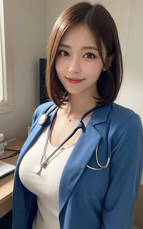 masutepiece, Best Quality, Illustration, Ultra-detailed, finely detail, hight resolution, 8K Wallpaper, Perfect dynamic composition, Beautiful detailed eyes, Doctor's attire,Bob Hair, mid-chest, Natural Color Lip, Random and sexy poses,Smile,20 years girl、Colossal tits、Examination room、stethoscope