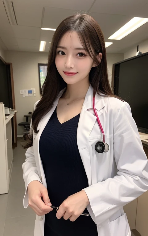 masutepiece, Best Quality, Illustration, Ultra-detailed, finely detail, hight resolution, 8K Wallpaper, Perfect dynamic composition, Beautiful detailed eyes, Doctor's attire,Bob Hair, mid-chest, Natural Color Lip, Random and sexy poses,Smile,20 years girl、Colossal tits、Examination room、stethoscope