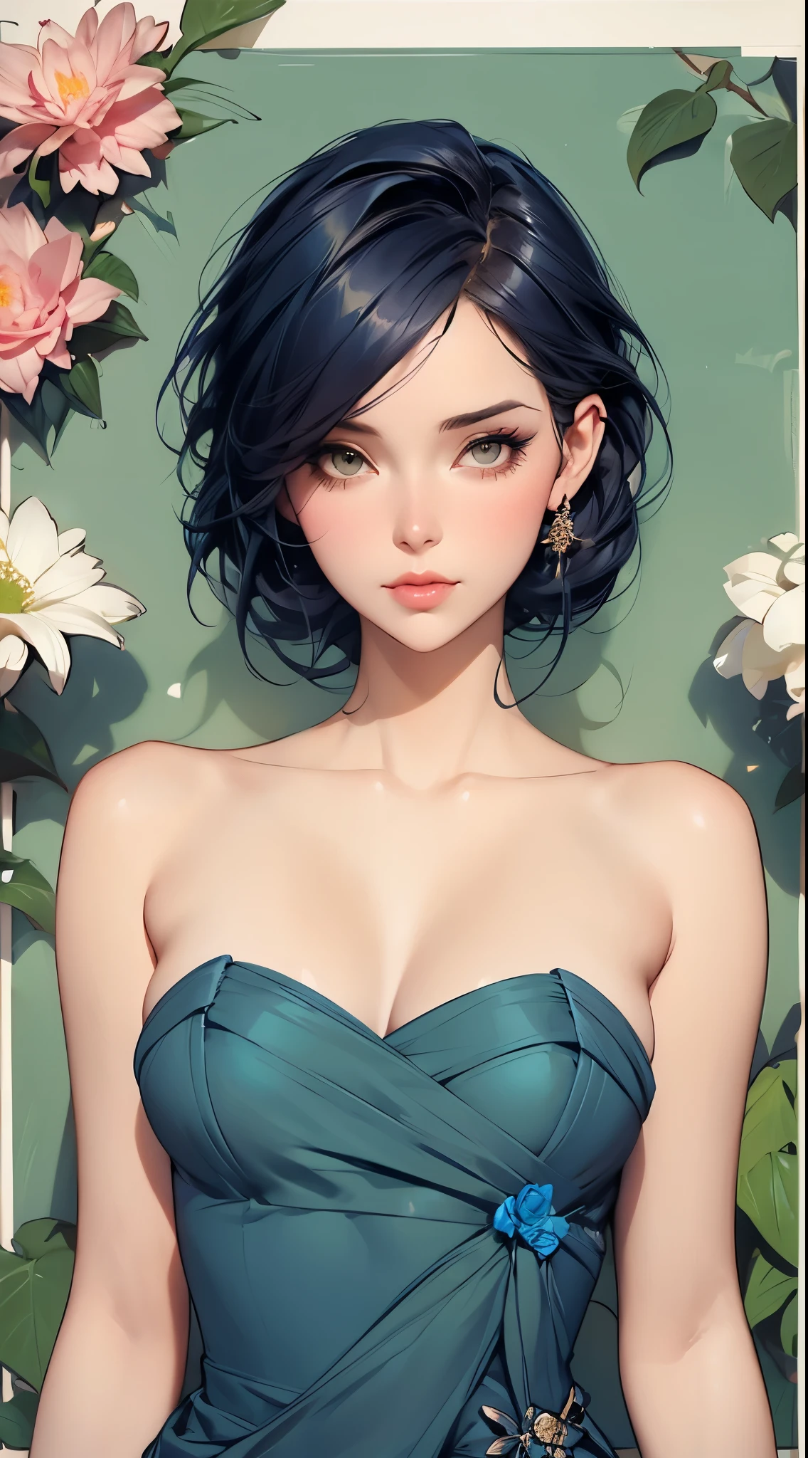 a woman in a navy blue dress standing in front of flowers, style artgerm, style of charlie bowater, in the art style of bowater, beautiful comic art, beautiful alluring anime woman, otto schmidt, trending artgerm, beautiful anime woman, artgerm style, lois van rossdraws, in the style of ross tran, loish art style